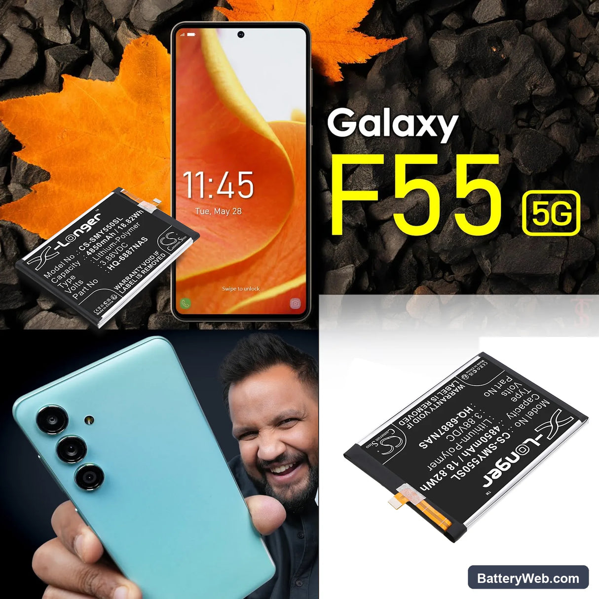 Samsung Galaxy F55 5G Replacement Battery, 3.88V, 4850mAh, Li-Polymer 5
