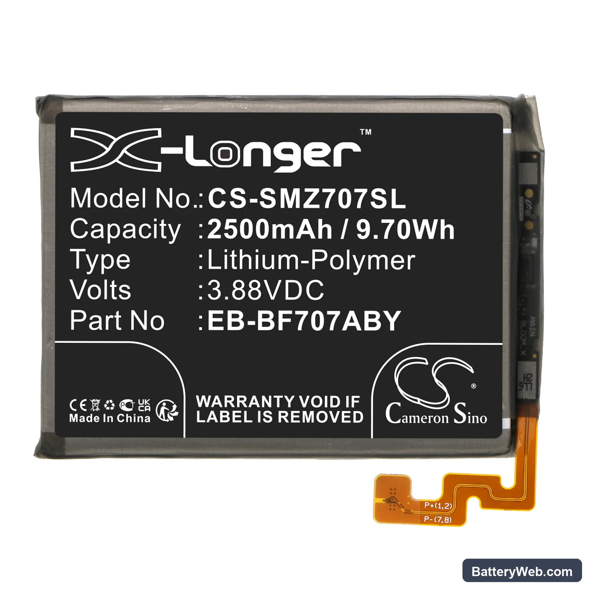 Samsung Galaxy Z Flip F707U Replacement Battery, 3.88V, 2500mAh, Li-Polymer 3