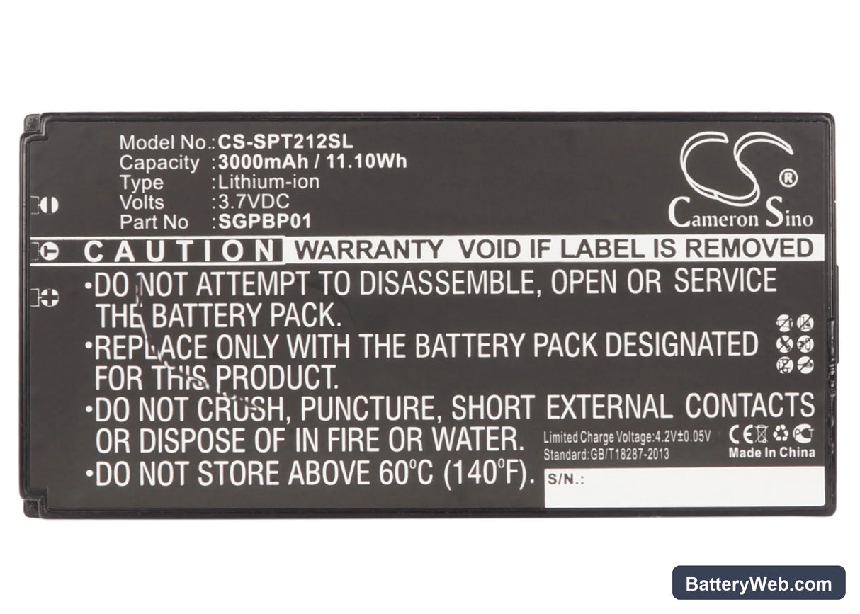 Sony SGPT211CN Replacement Battery, 3.7V, 3000mAh, Li-ion 5