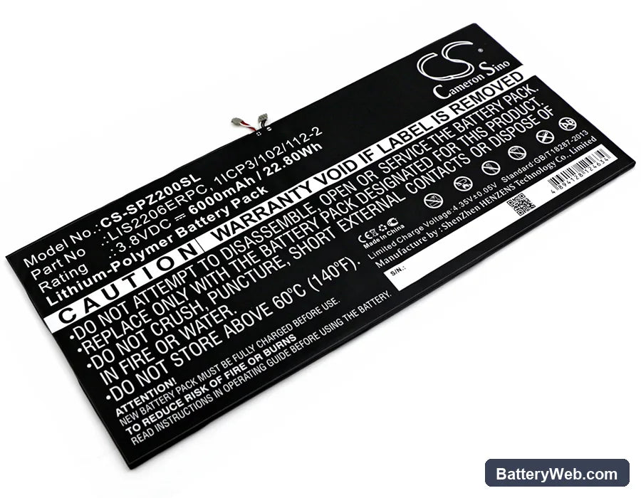 Sony Xperia Tablet Z2 Replacement Battery, 3.8V, 6000mAh, Li-Polymer 1