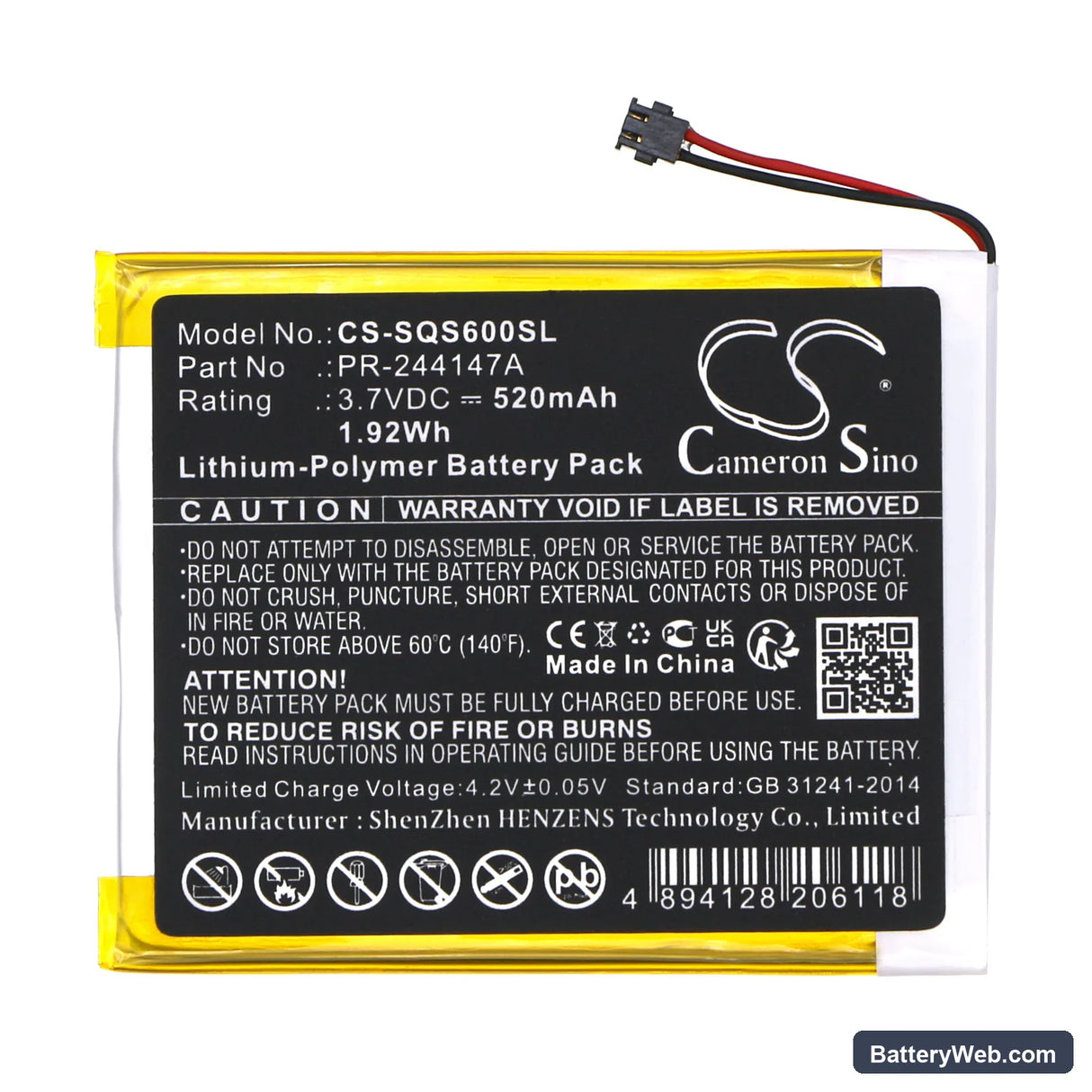 Square S6 Replacement Battery, 3.7V, 520mAh, Li-Polymer 3