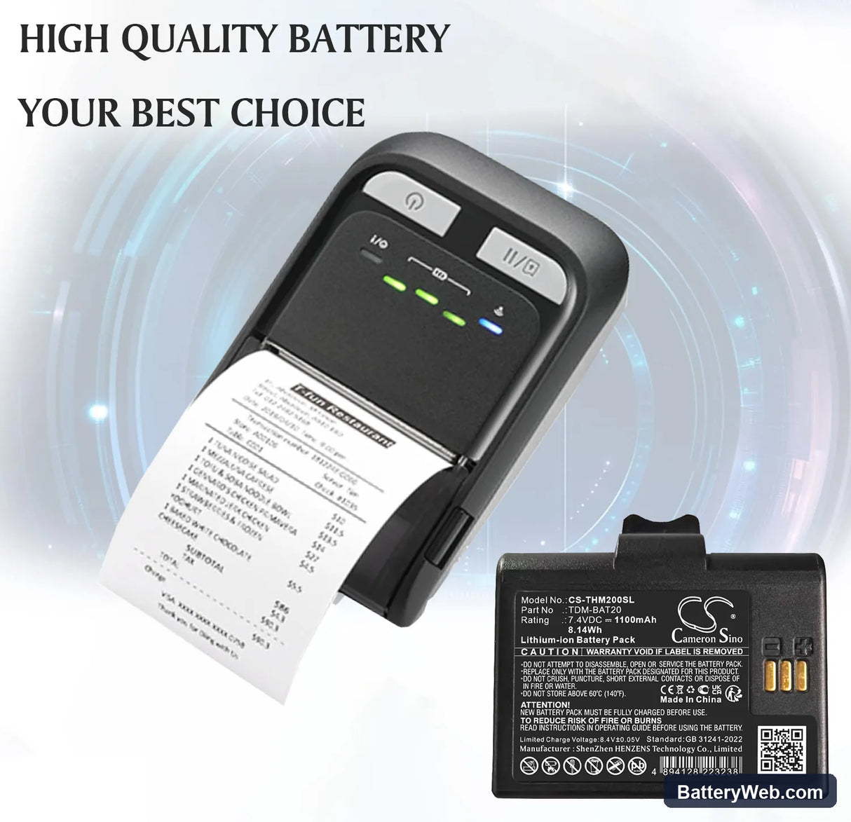 TSC TDM-20 Replacement Battery, 7.4V, 1100mAh, Li-ion 1