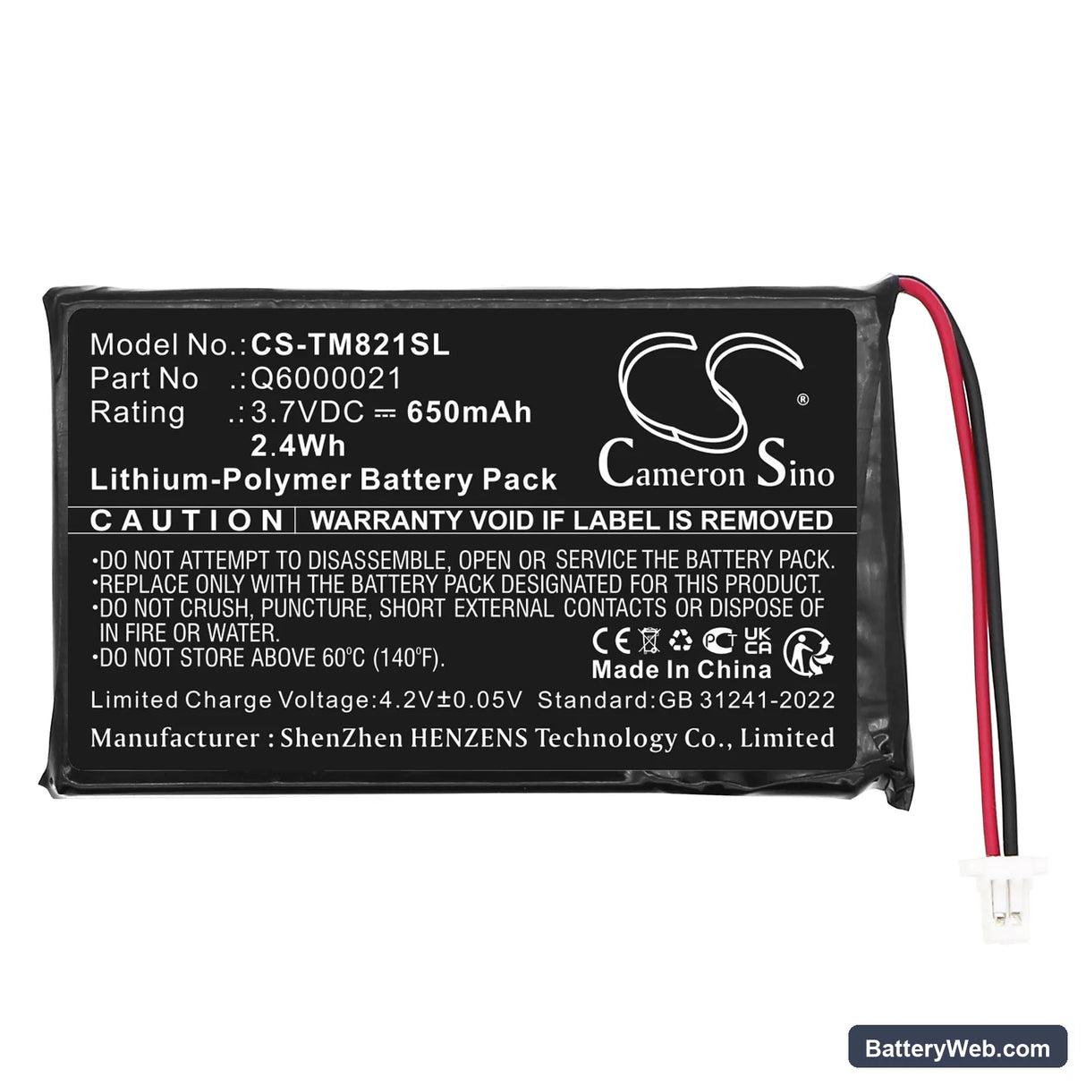TomTom GPS-9821X Replacement Battery, 3.7V, 650mAh, Li-ion 3