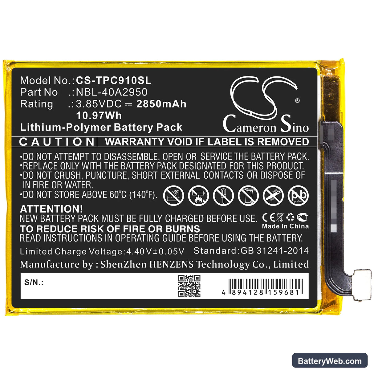 Neffos C9 Max Replacement Battery, 3.85V, 2850mAh, Li-Polymer 3