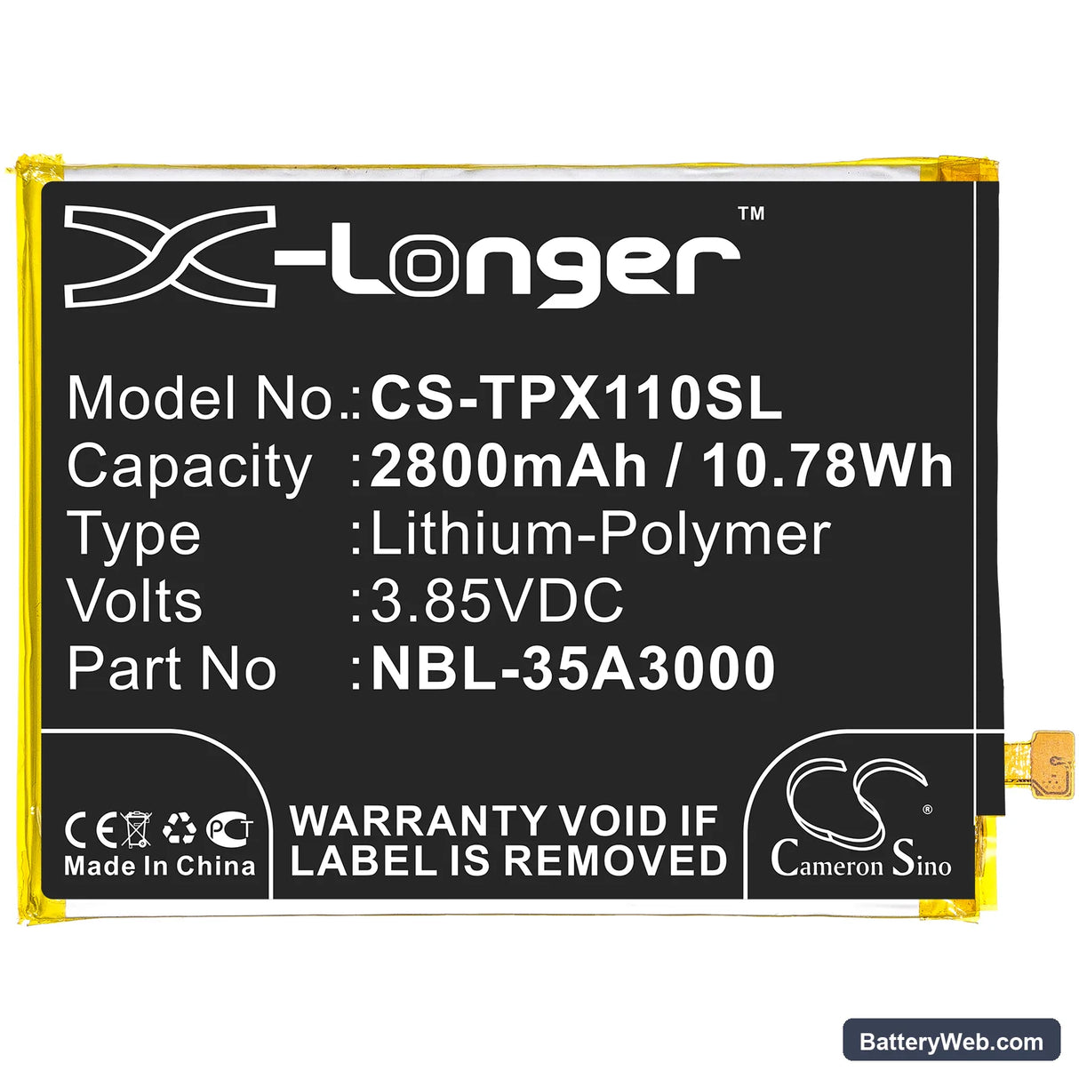 Neffos X1 Max Replacement Battery, 3.85V, 2800mAh, Li-Polymer 3