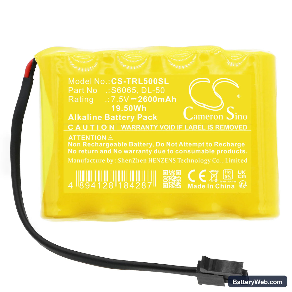 Trilogy DL2700CR Replacement Battery, 7.5V, 2600mAh, Alkaline 3