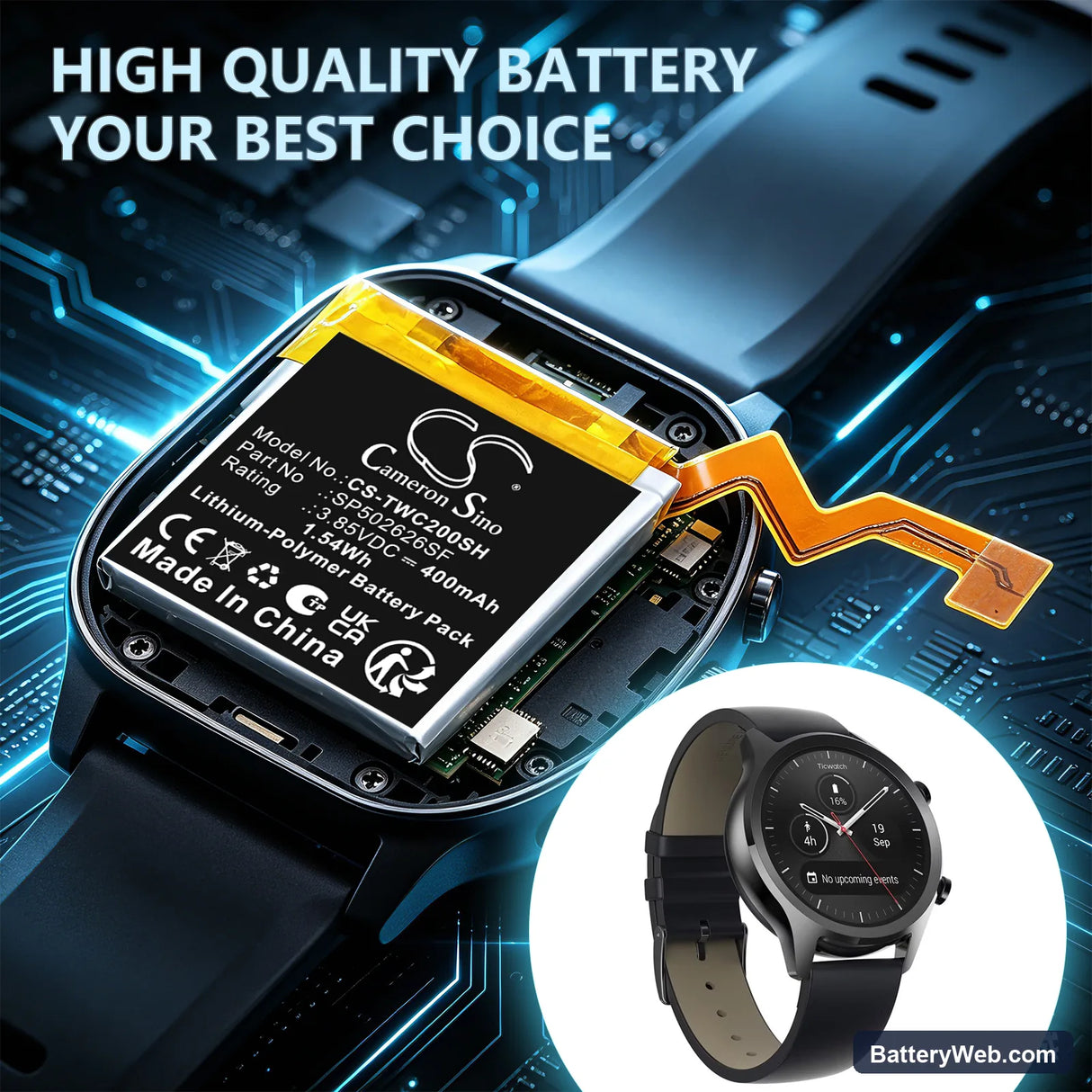 Ticwatch C2 Replacement Battery, 3.85V, 400mAh, Li-Polymer 5