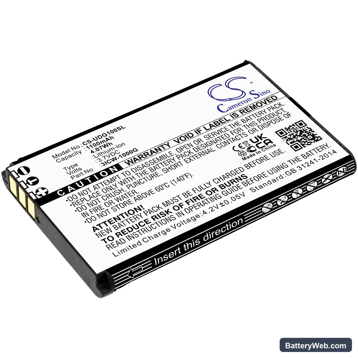 UniData ICW-1000G Replacement Battery, 3.7V, 1100mAh, Li-ion 1