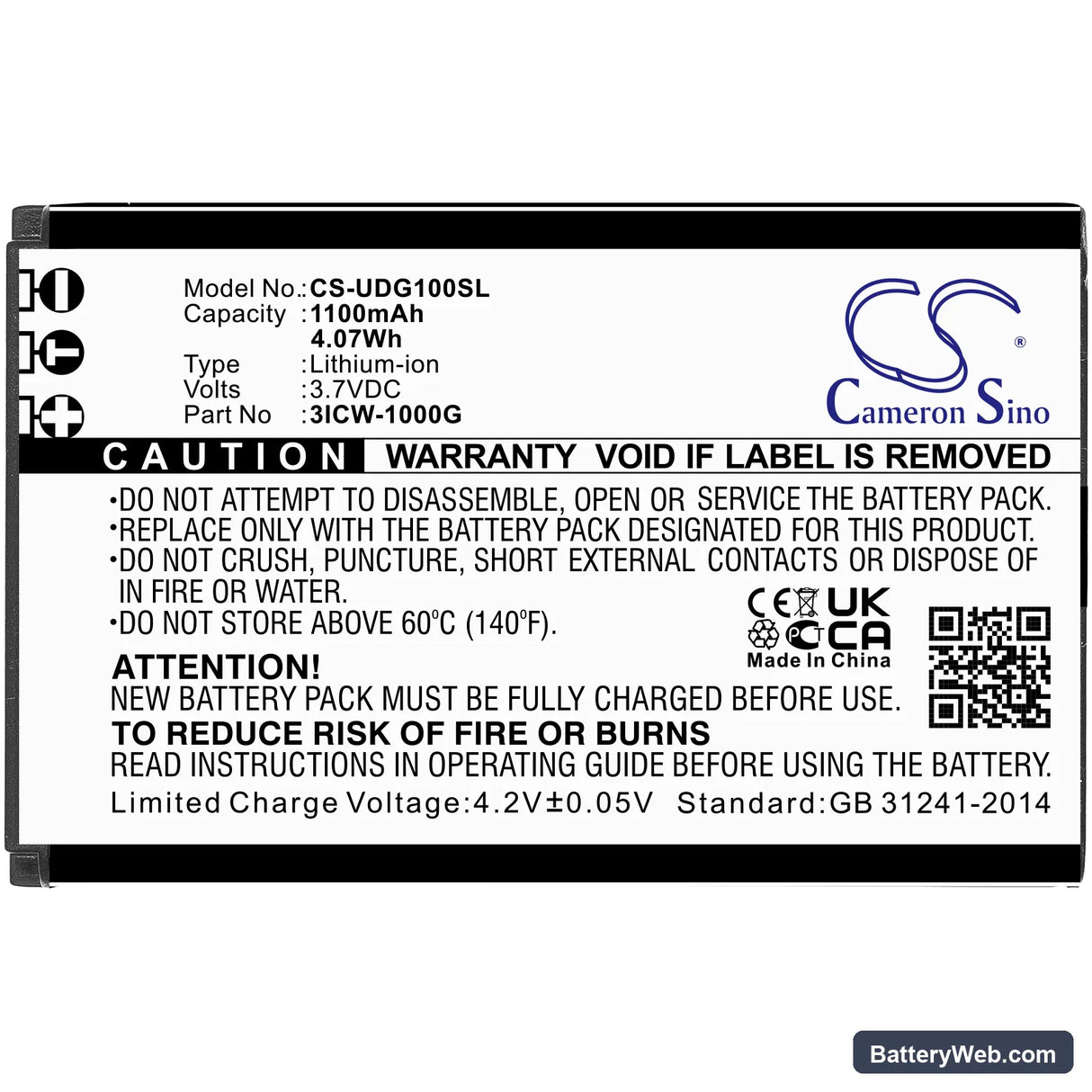 UniData ICW-1000G Replacement Battery, 3.7V, 1100mAh, Li-ion 3