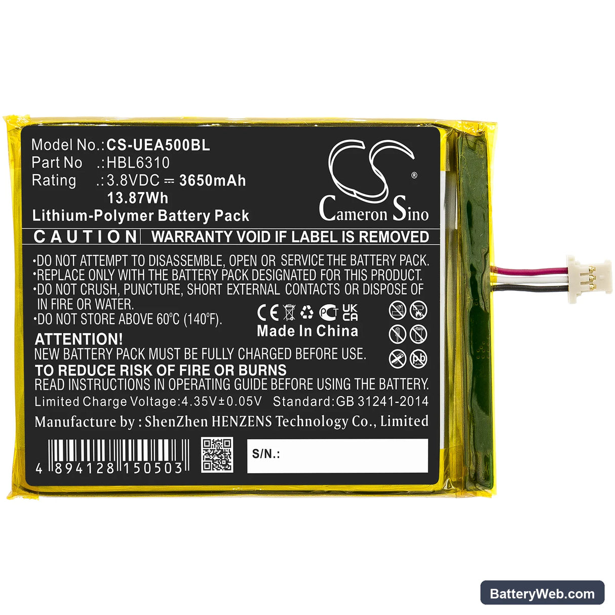 Urovo i6310 Replacement Battery, 3.8V, 3650mAh, Li-Polymer 3