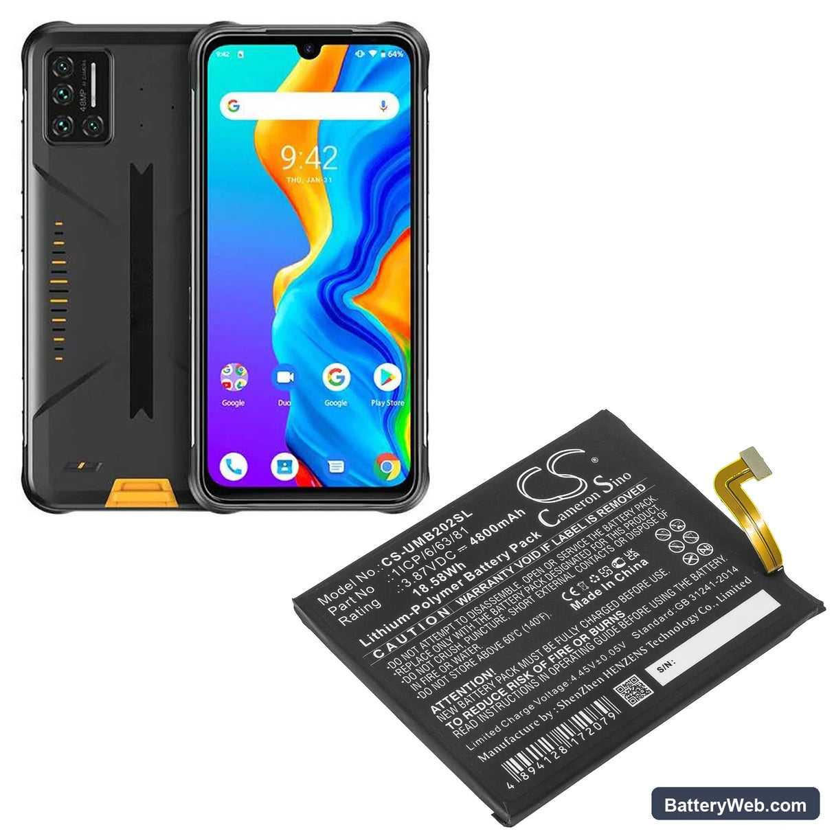 UMI UMIDIGI BISON Replacement Battery, 3.87V, 4800mAh, Li-Polymer 5