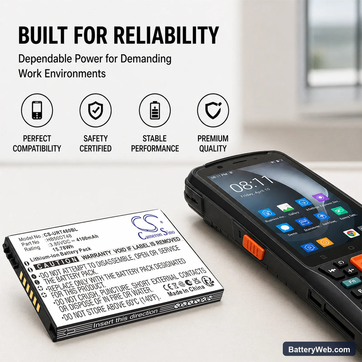 Urovo CT48 Replacement Battery, 3.85V, 4100mAh, Li-ion 5