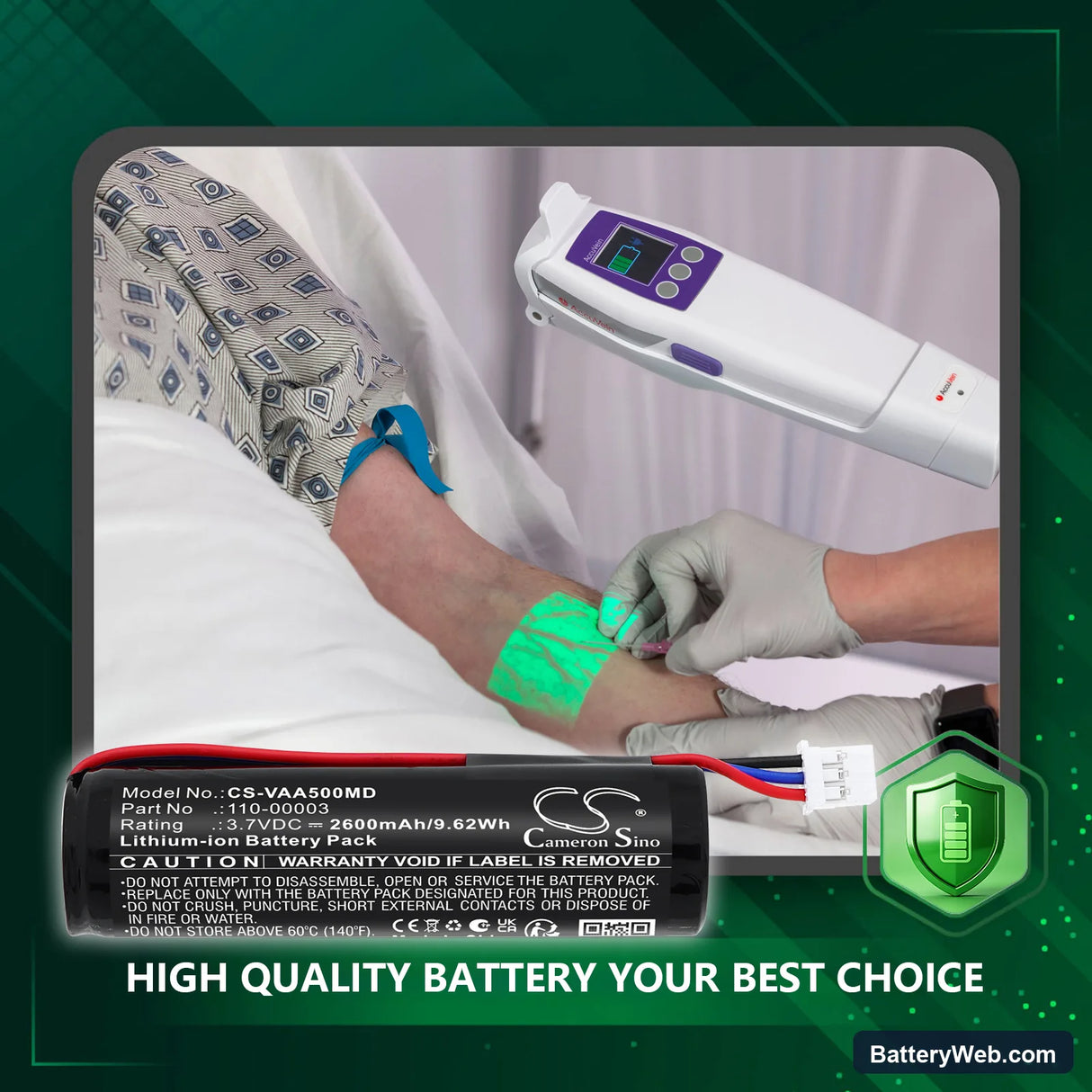 Veins Accuvein AV500 Illuminator Replacement Battery, 3.7V, 2600mAh, Li-ion 6