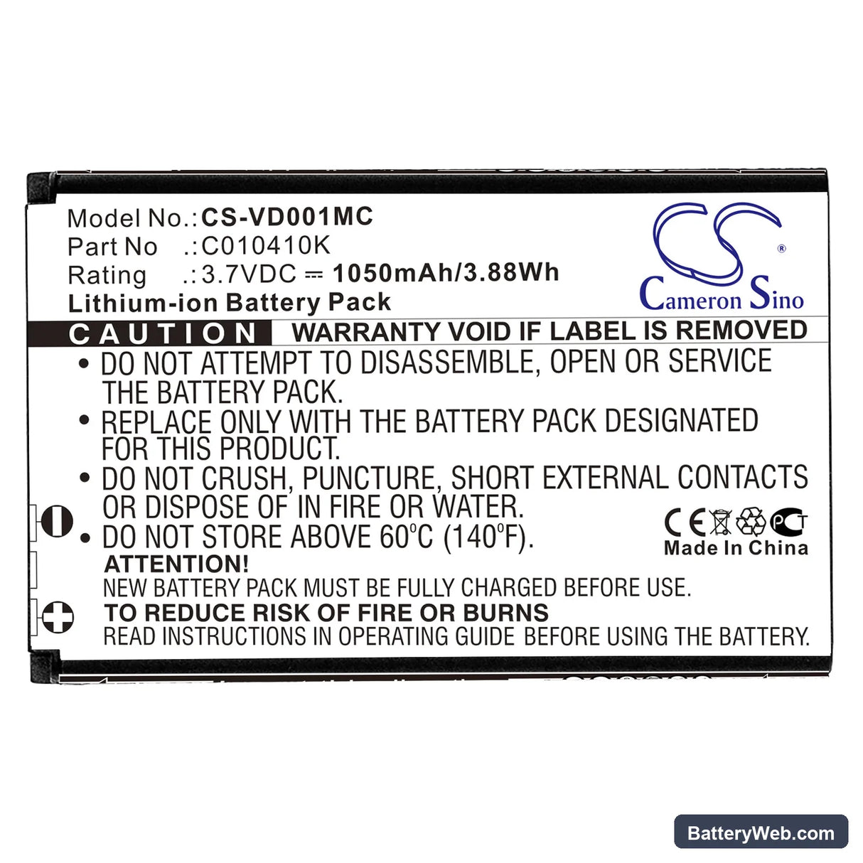 VholdR Replacement Battery, 3.7V, 1050mAh, Li-ion 3