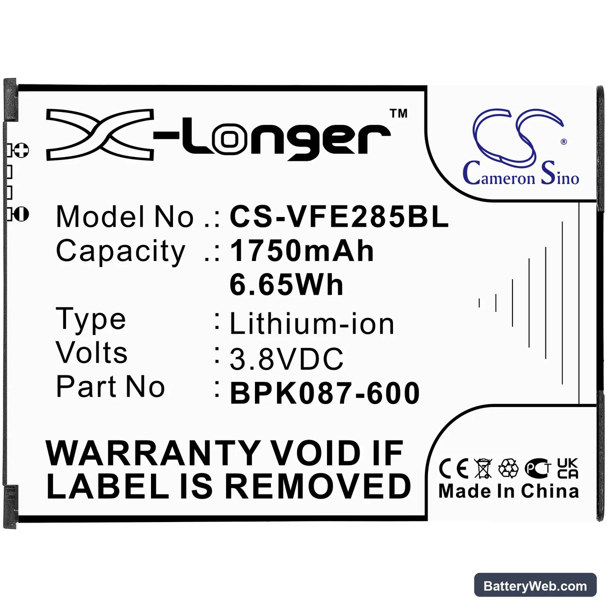 VeriFone E285 Replacement Battery, 3.8V, 1750mAh, Li-ion 3
