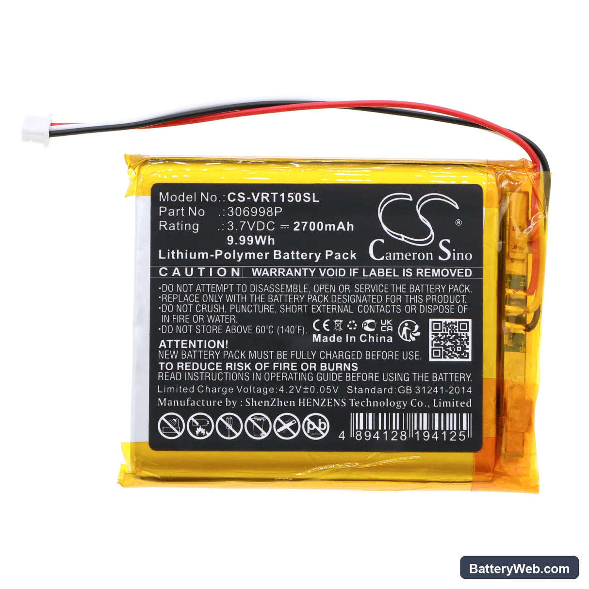 Voltcraft BS-1000T Replacement Battery, 3.7V, 2700mAh, Li-Polymer 3