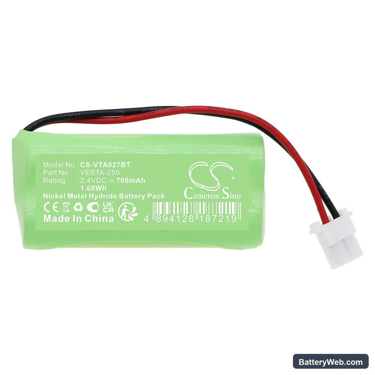 Vesta VESTA-027 HWC-1B-F1 Replacement Battery, 2.4V, 700mAh, Ni-MH 3