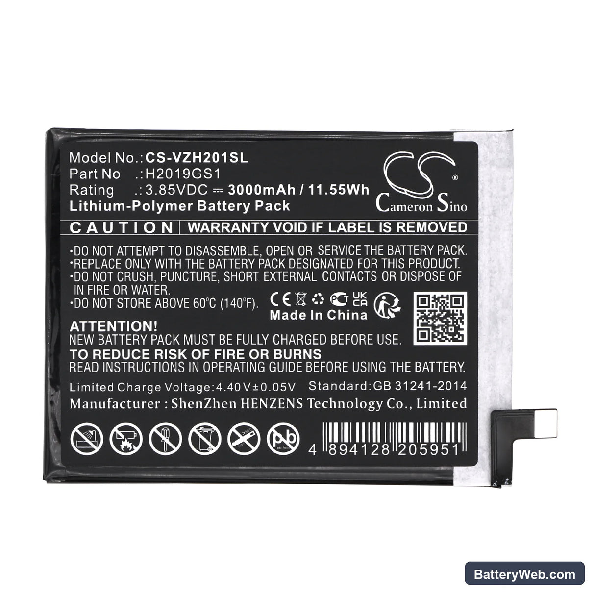Verizon HPP-GS1 Replacement Battery, 3.85V, 3000mAh, Li-Polymer 3