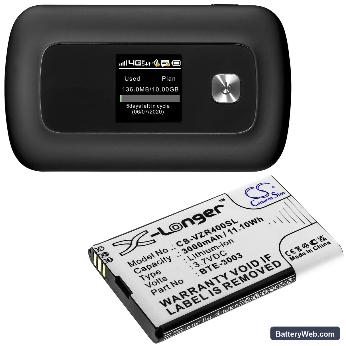 Verizon ORB400LB Replacement Battery, 3.7V, 3000mAh, Li-ion 4