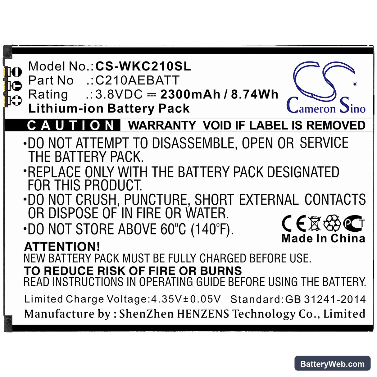 Wiko C210 Replacement Battery, 3.8V, 2300mAh, Li-ion 3