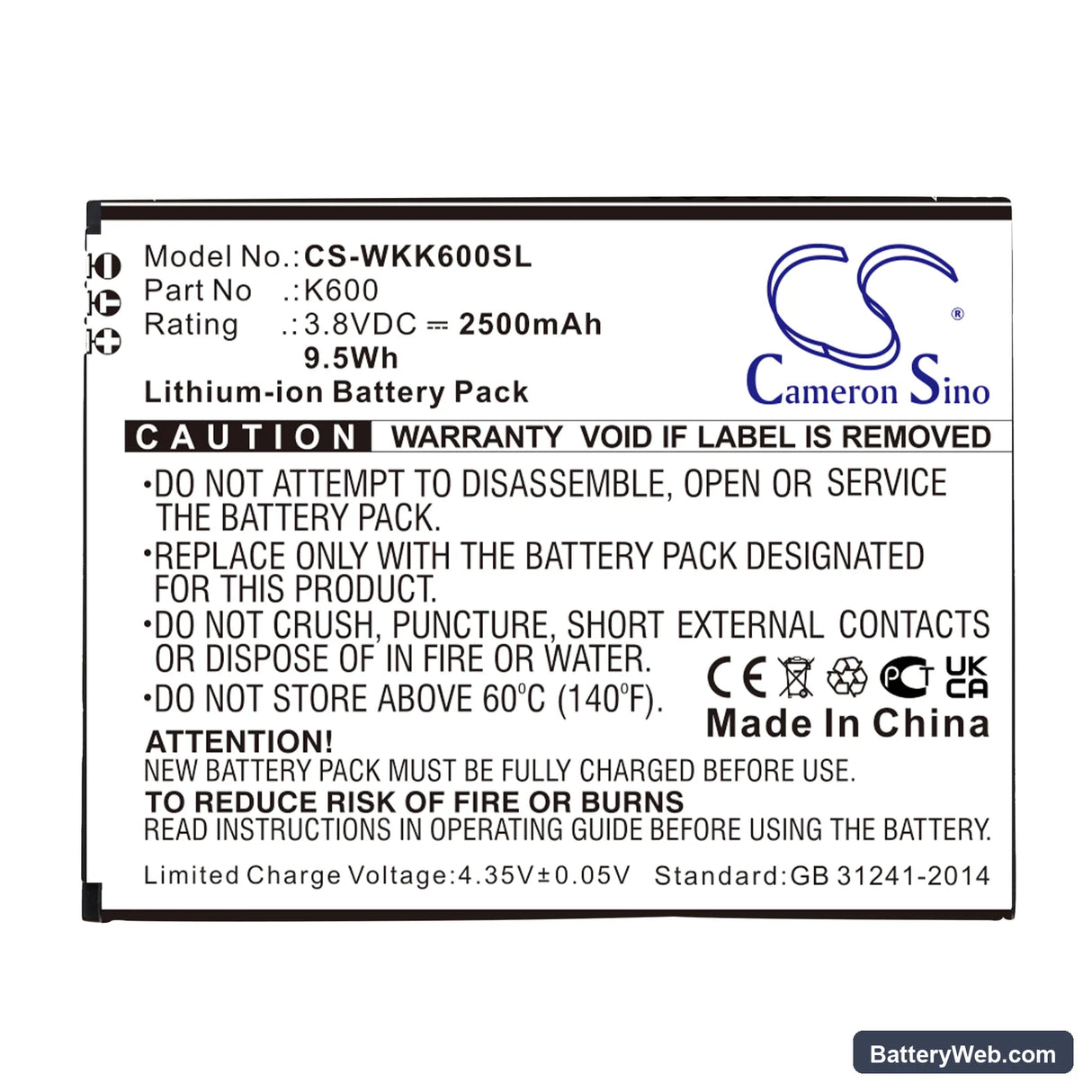 Wiko Tommy 3 Replacement Battery, 3.8V, 2500mAh, Li-ion 3