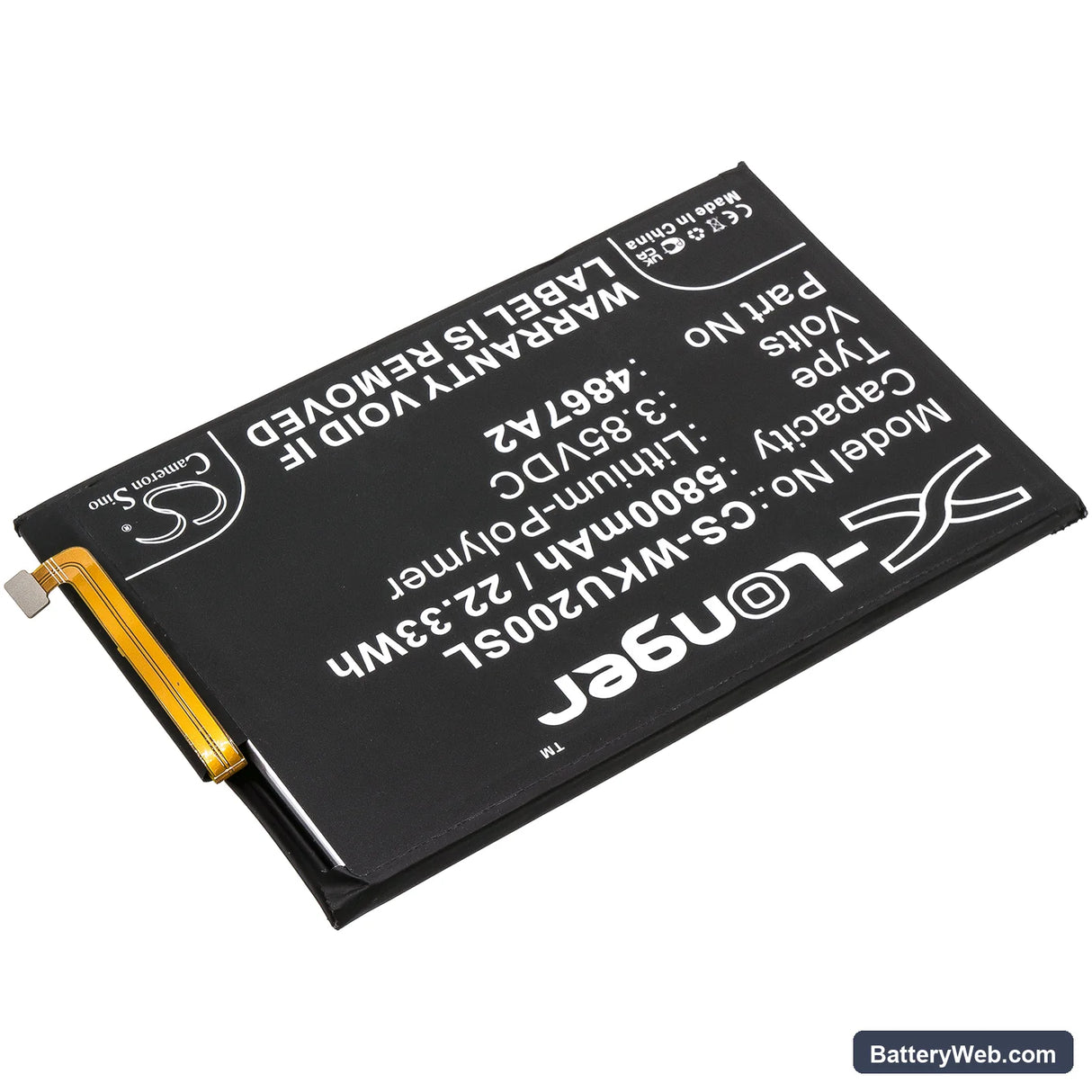 Wiko Power U20 Replacement Battery, 3.85V, 5800mAh, Li-Polymer 2