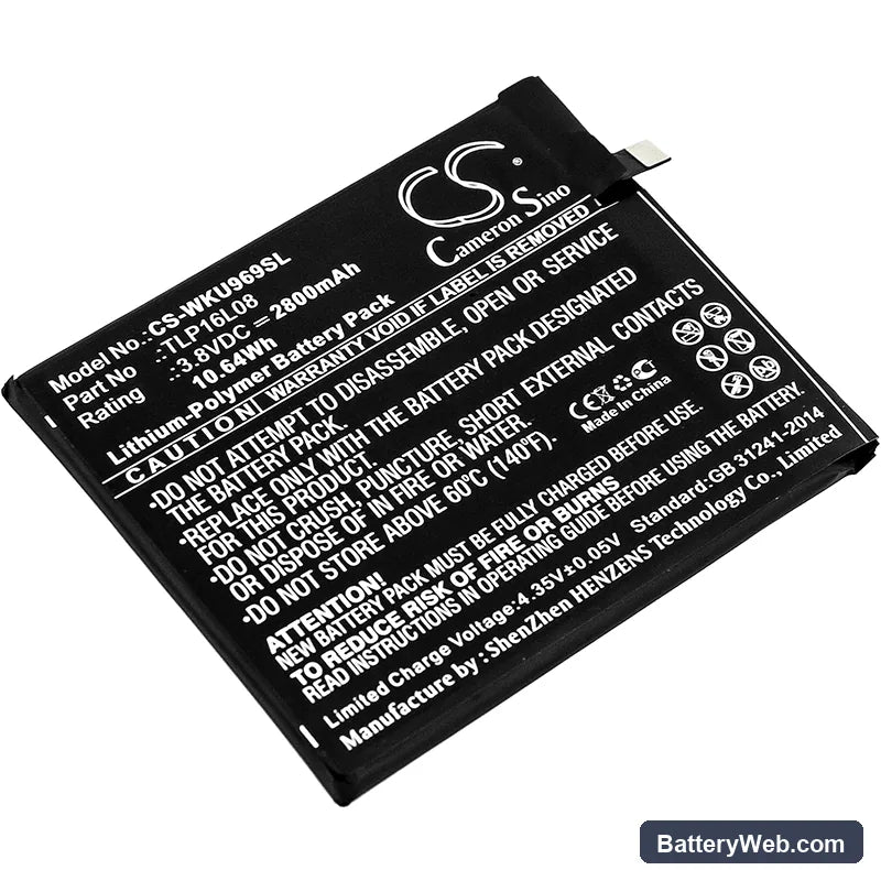 Wiko U Feel Prime Replacement Battery, 3.8V, 2800mAh, Li-Polymer 1