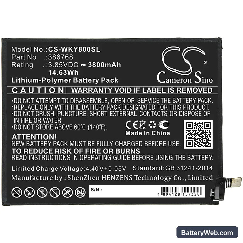 Wiko Y80 Replacement Battery, 3.85V, 3800mAh, Li-Polymer 3