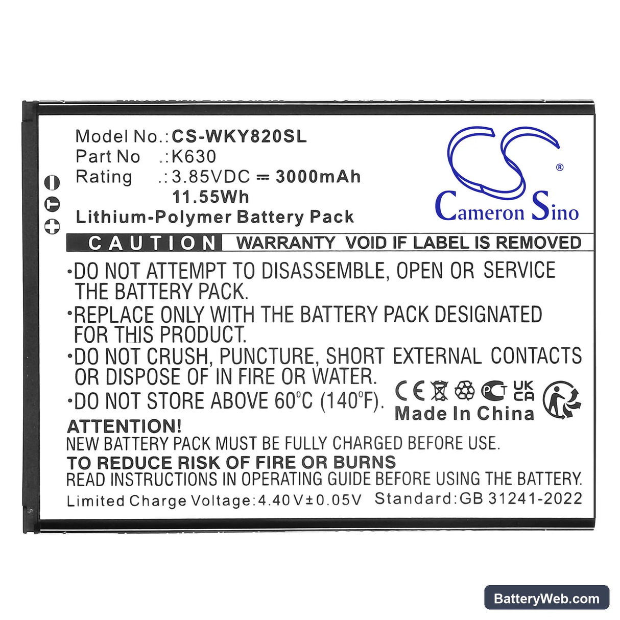 Wiko Y82 Replacement Battery, 3.85V, 3000mAh, Li-Polymer 3