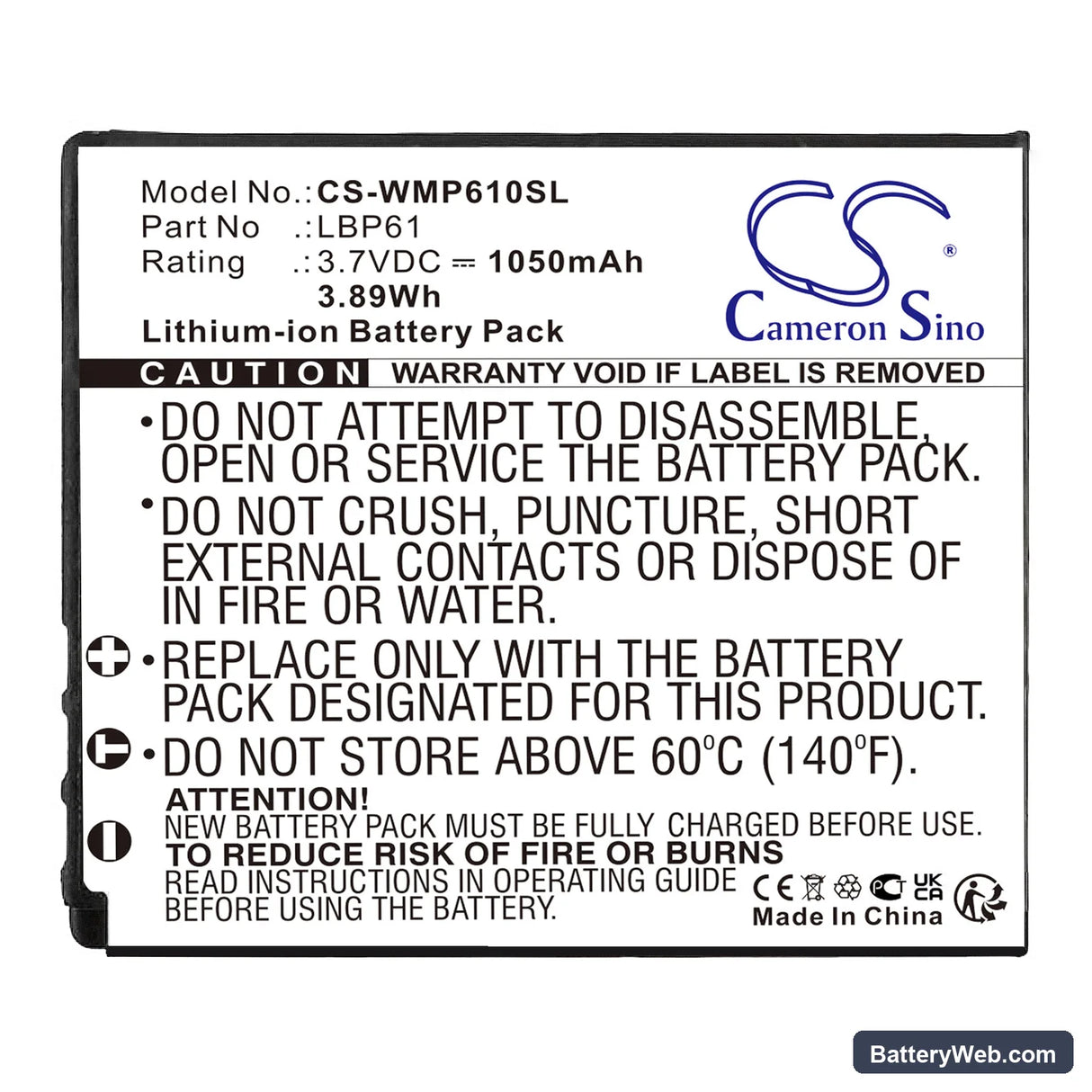 Wisycom MRP61 Transmitter Replacement Battery, 3.7V, 1050mAh, Li-ion 3
