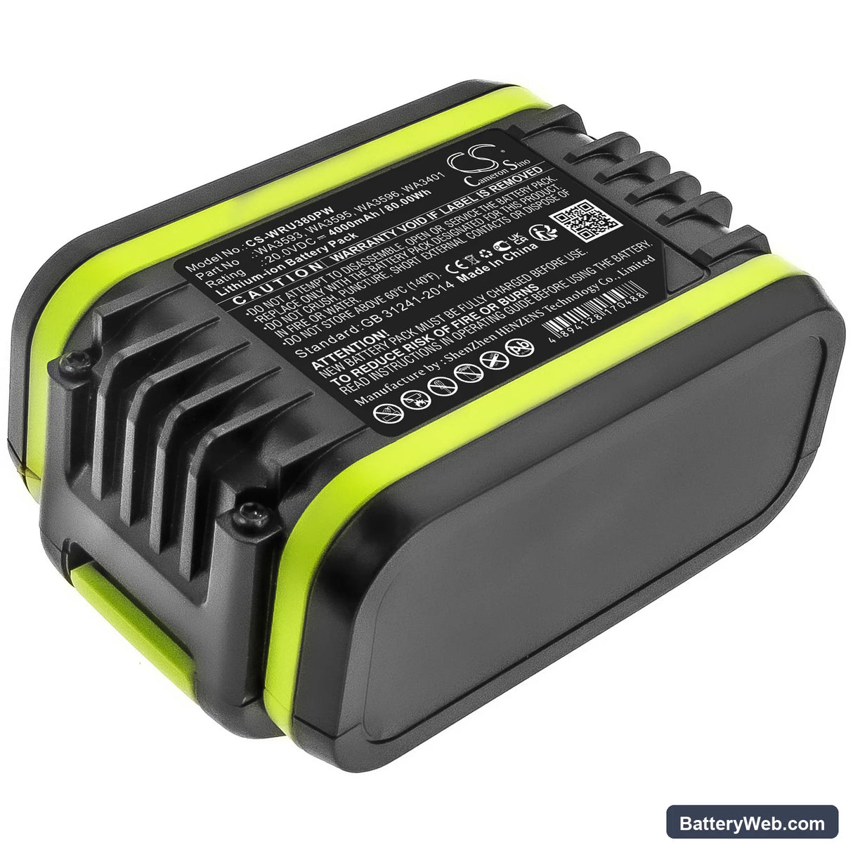 Worx WU380 Replacement Battery, 20V, 4000mAh, Li-ion 3