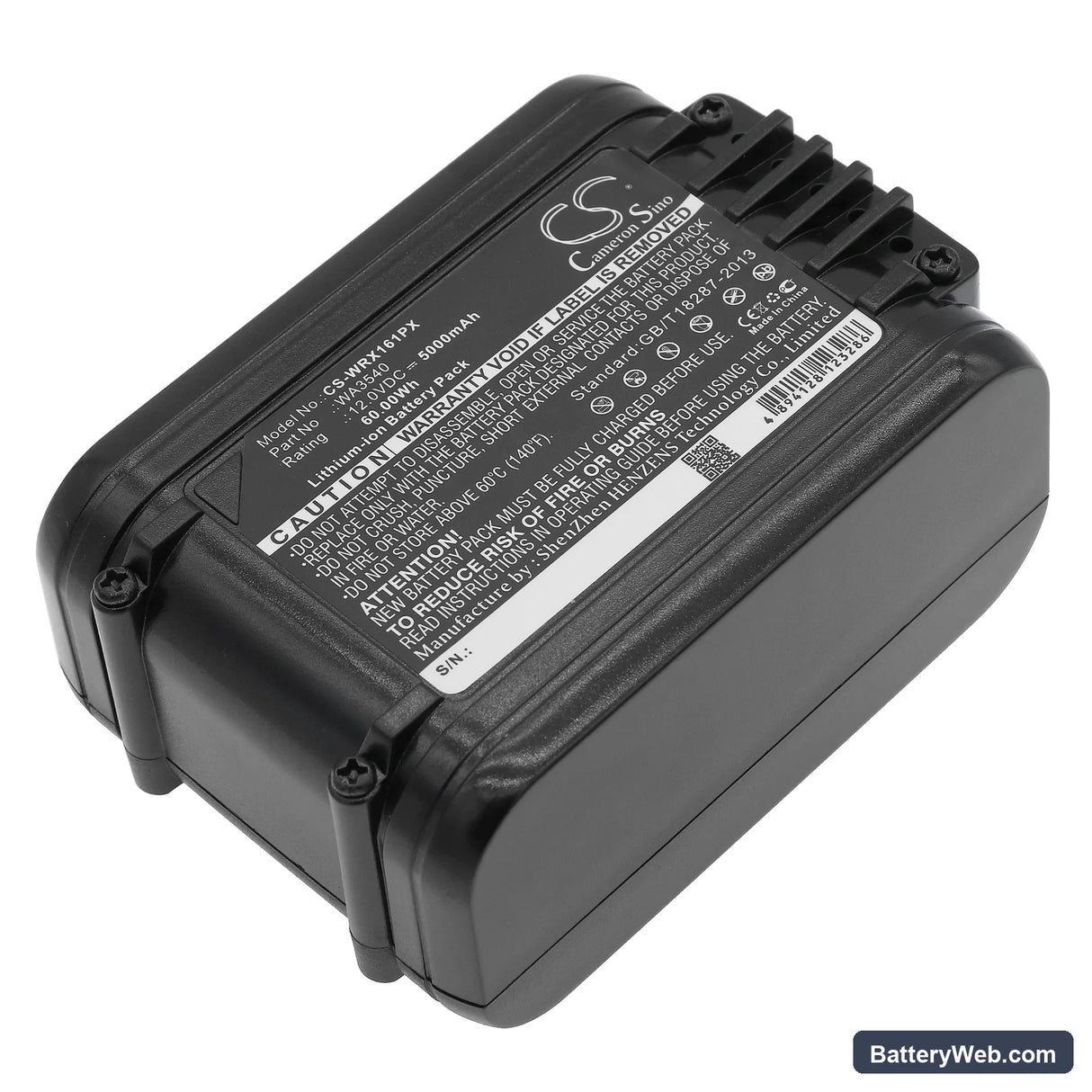 Worx WU137 Replacement Battery, 12V, 5000mAh, Li-ion 3