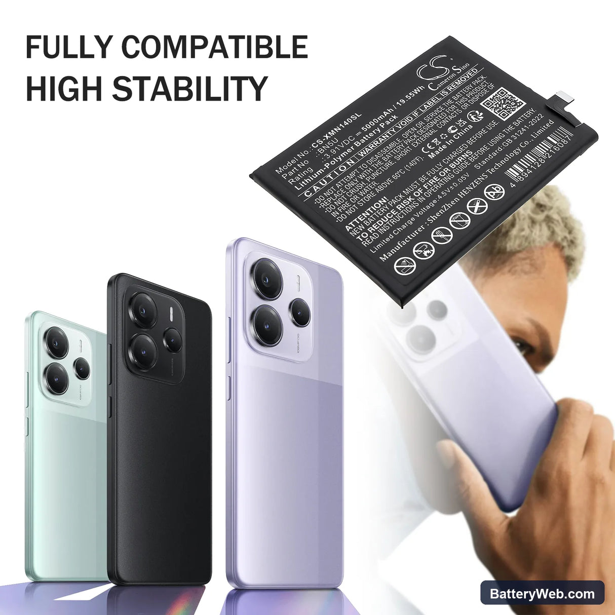 Redmi Note 14 5G Replacement Battery, 3.91V, 5000mAh, Li-Polymer 5