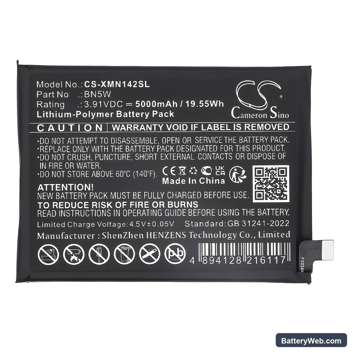 Redni 24116RACCG Replacement Battery, 3.91V, 5000mAh, Li-Polymer 3