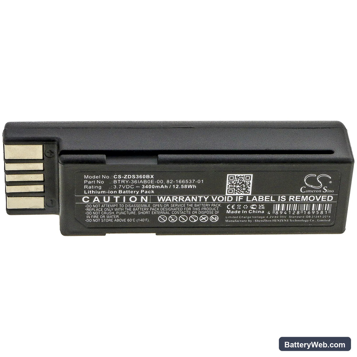 Zebra DS3600 Replacement Battery, 3.7V, 3400mAh, Li-ion 3