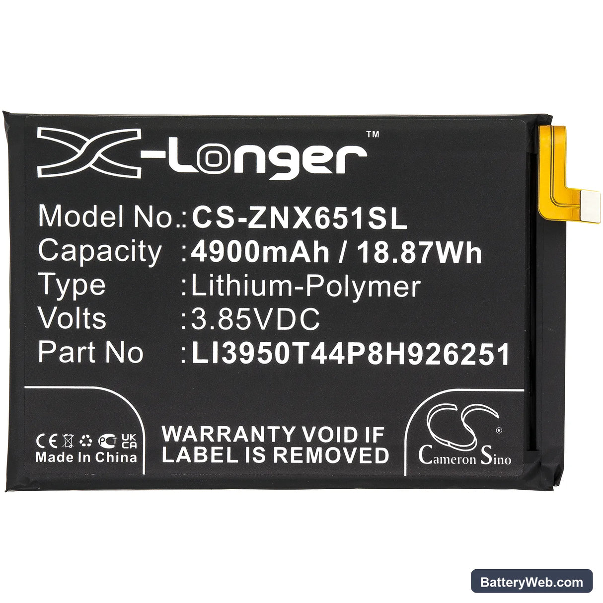 ZTE Nubia Play Replacement Battery, 3.85V, 4900mAh, Li-Polymer 3