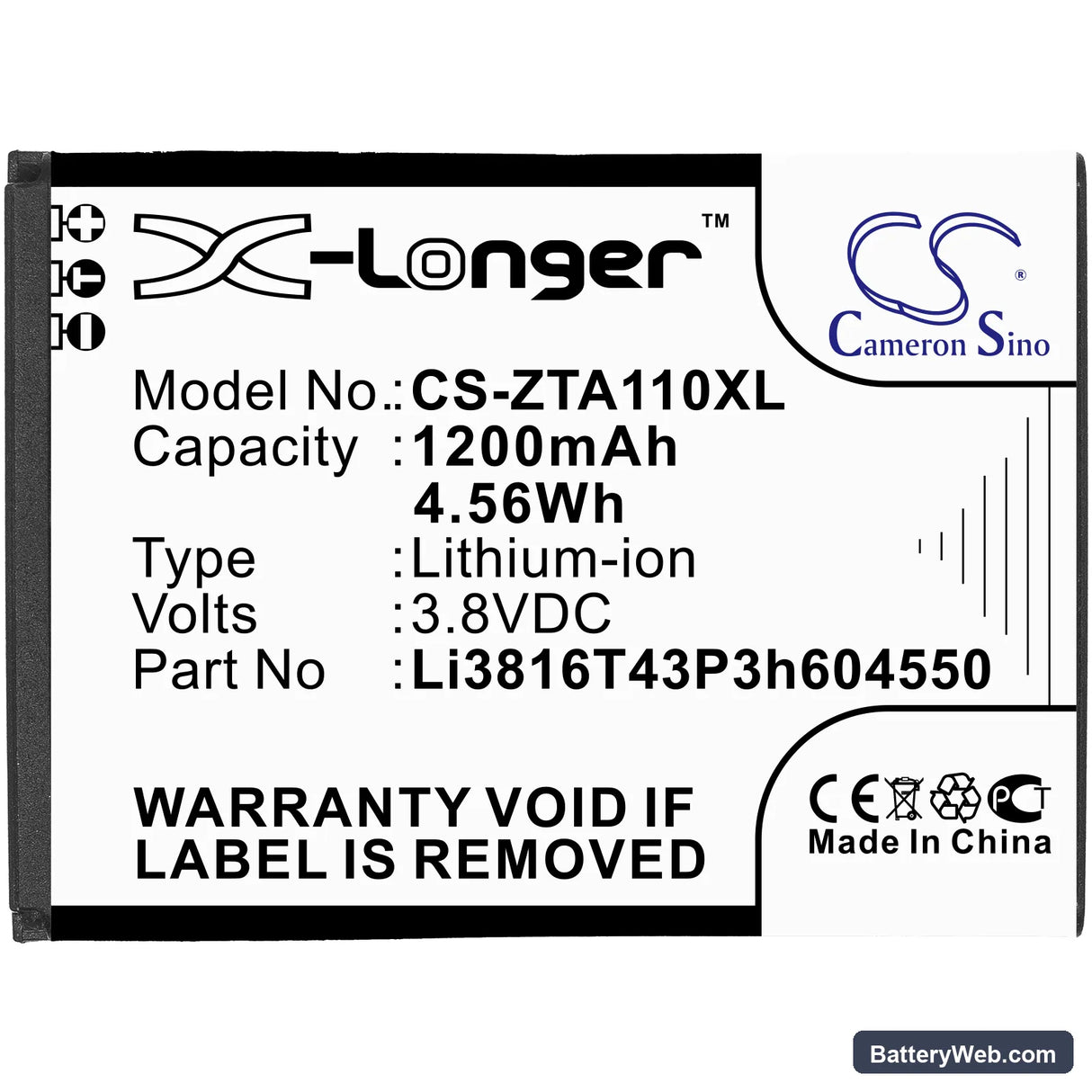 ZTE Blade A110 Replacement Battery, 3.8V, 1200mAh, Li-ion 3