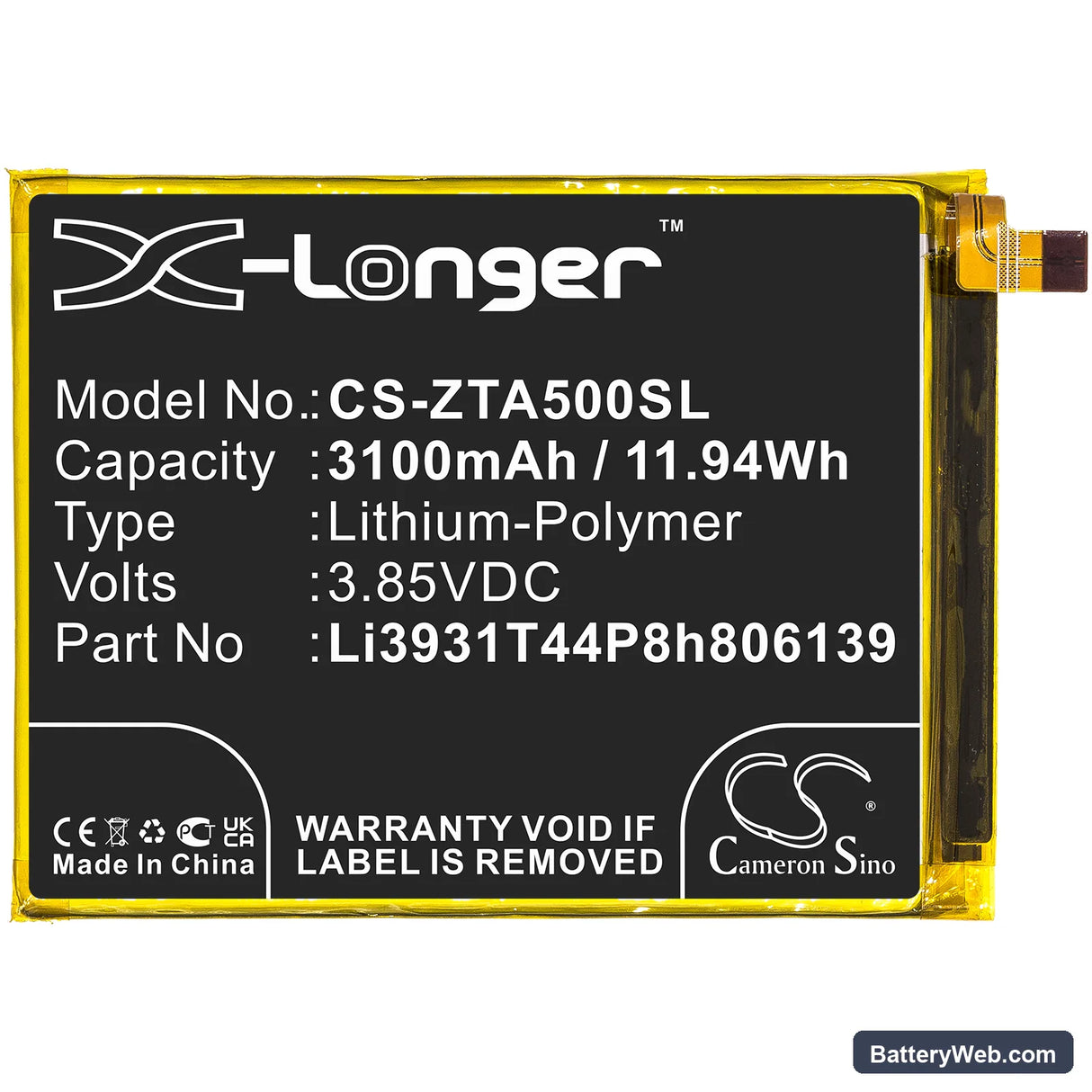 ZTE Blade A5 2020 Replacement Battery, 3.85V, 3100mAh, Li-Polymer 3