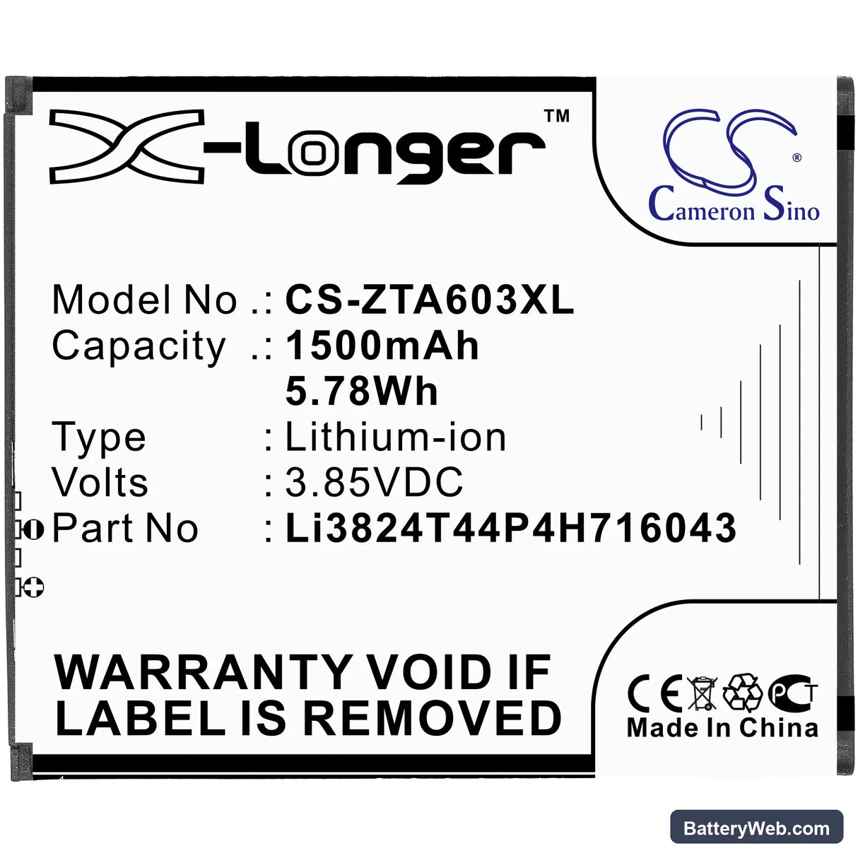 ZTE Blade A520 Replacement Battery, 3.85V, 1500mAh, Li-ion 3