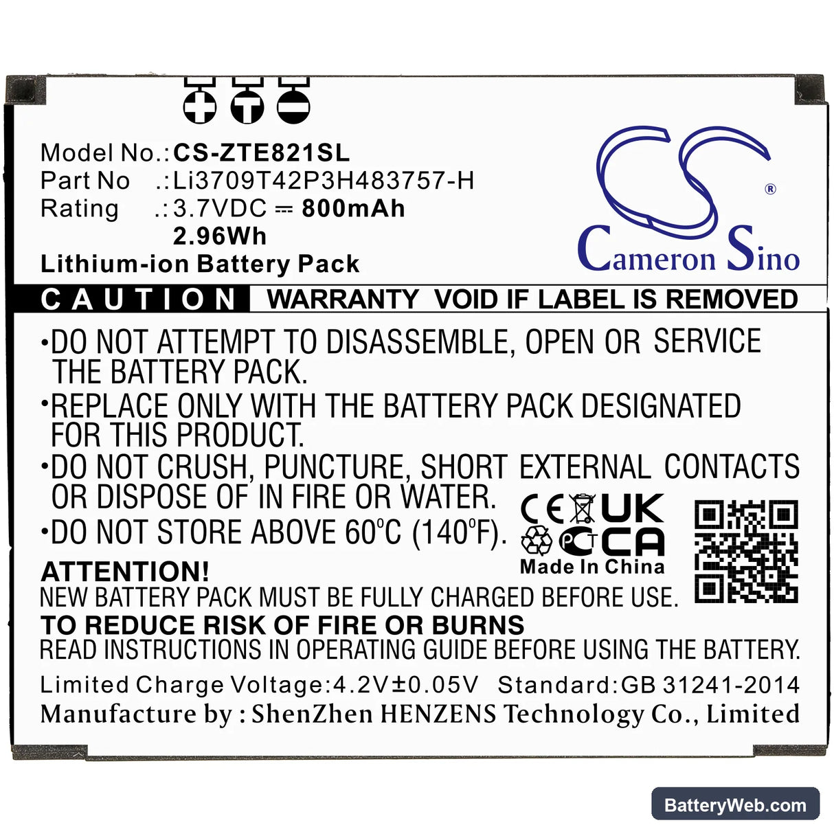 ZTE E821 Replacement Battery, 3.7V, 800mAh, Li-ion 3
