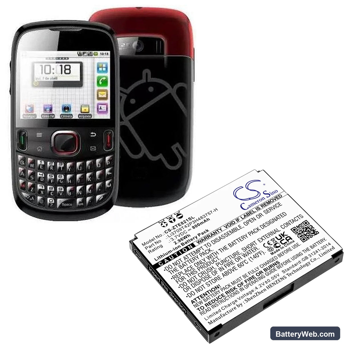 ZTE E821 Replacement Battery, 3.7V, 800mAh, Li-ion 4