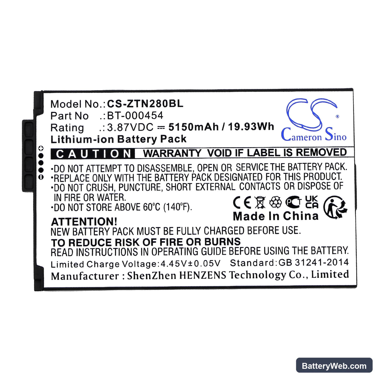Zebra TC15 Replacement Battery, 3.87V, 5150mAh, Li-ion 5