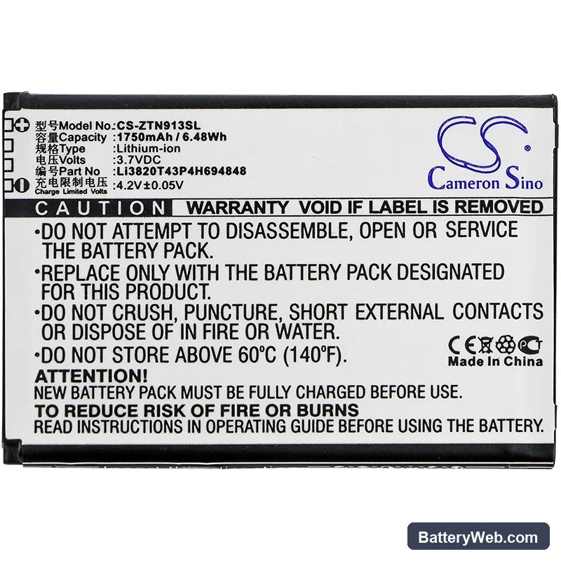 ZTE N9136 Replacement Battery, 3.7V, 1750mAh, Li-ion 3