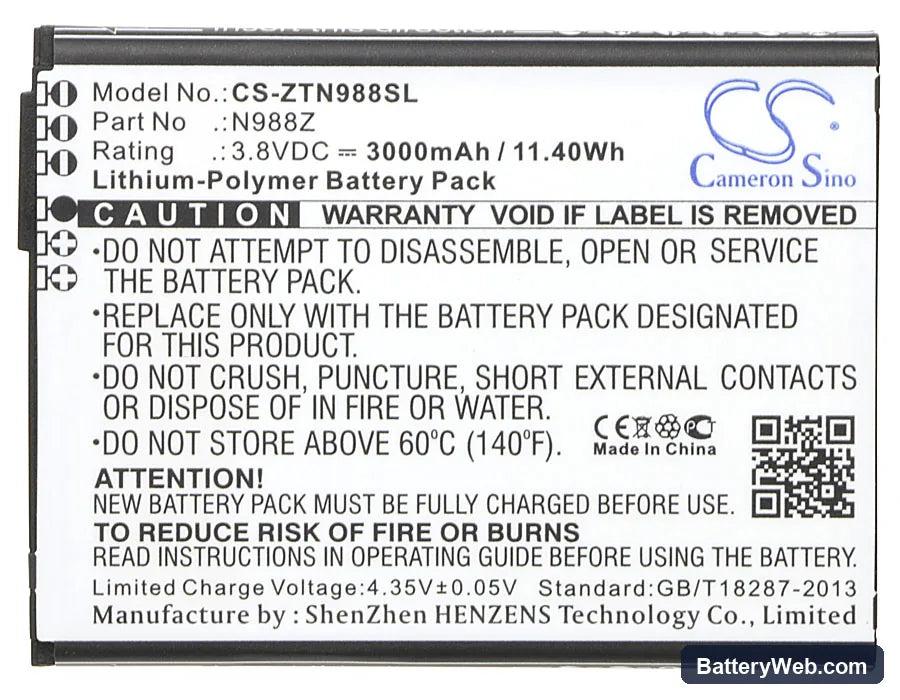 ZTE N988Z Replacement Battery, 3.8V, 3000mAh, Li-Polymer 5