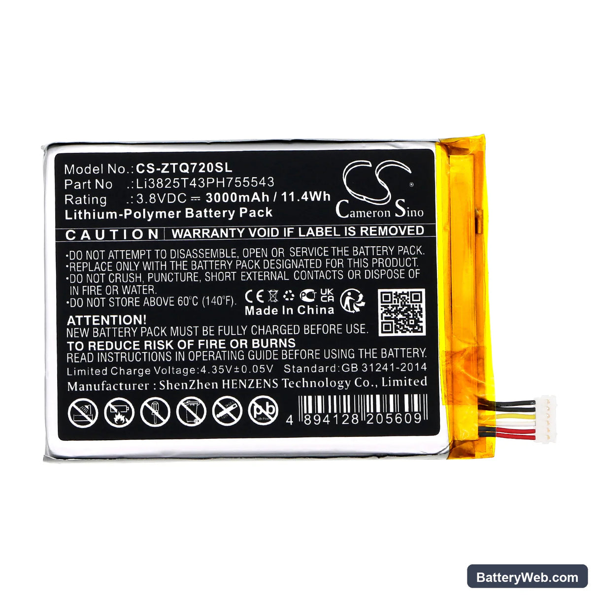 ZTE SRQ-V72M Replacement Battery, 3.8V, 3000mAh, Li-Polymer 3