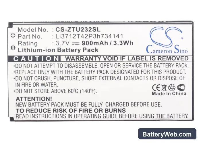 ZTE N960 Replacement Battery, 3.7V, 900mAh, Li-ion 5