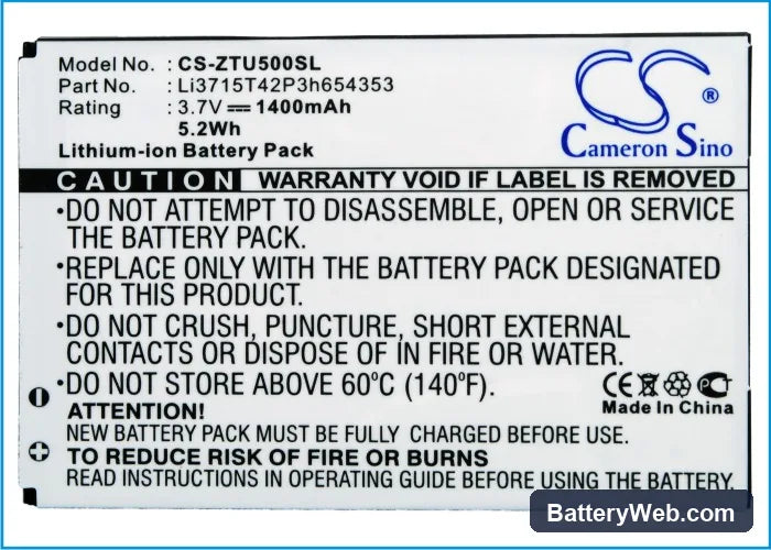 ZTE X876 Replacement Battery, 3.7V, 1400mAh, Li-ion 5