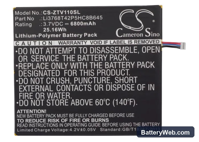 ZTE V11A Replacement Battery, 3.7V, 6800mAh, Li-Polymer 5