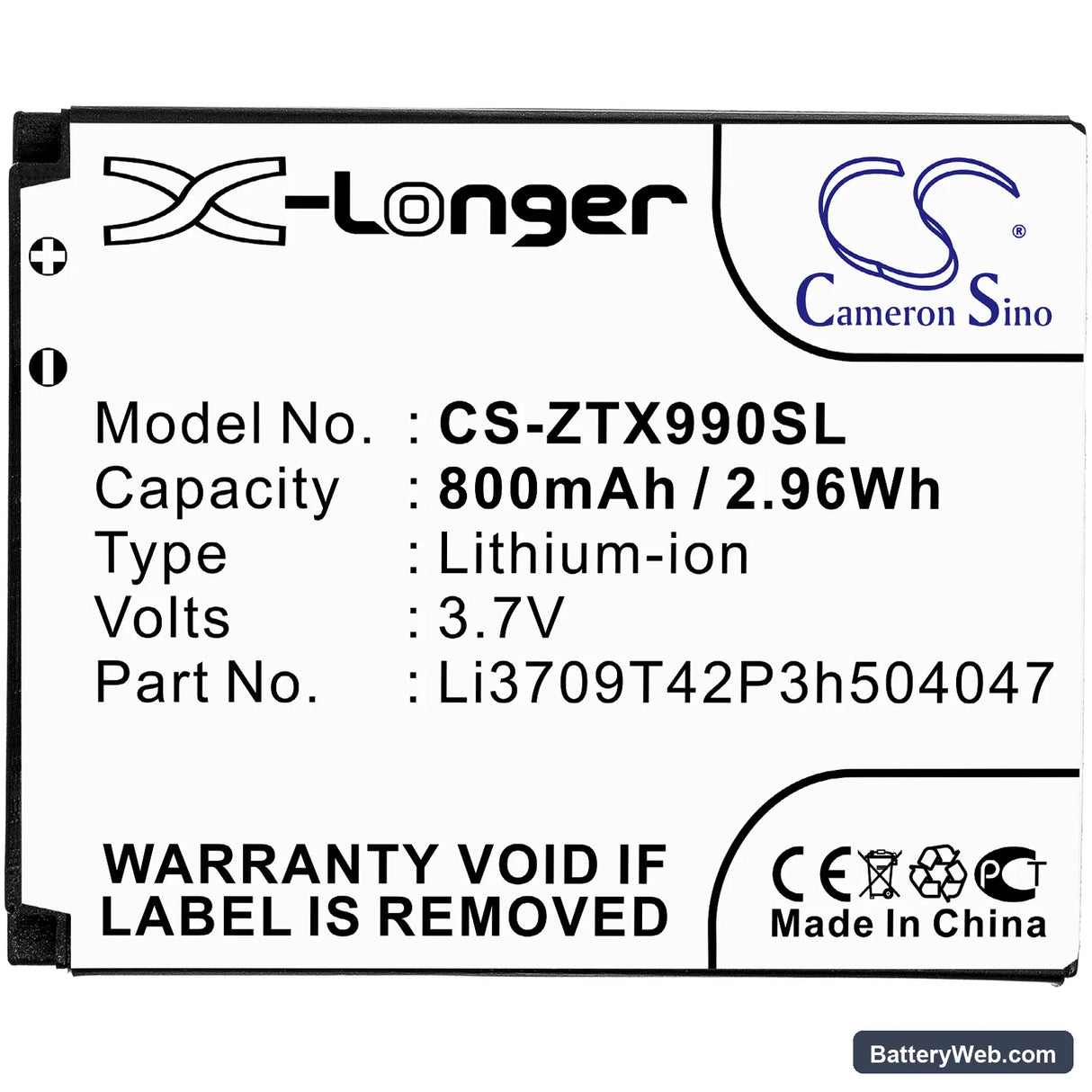 ZTE Rio Replacement Battery, 3.7V, 800mAh, Li-ion 3