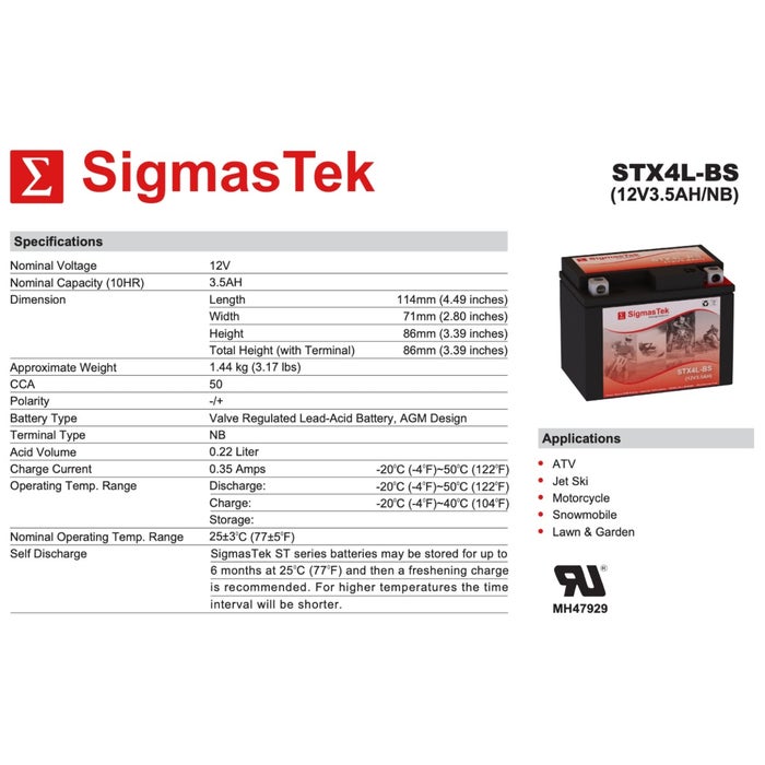 SigmasTek STX4L-BS High Performance Replacement Battery